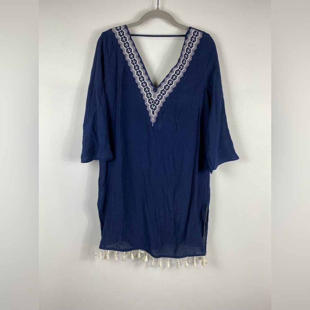 Kona Sol Boho Swim Cover Up, Navy Deep V-Neck, Scoop Back Fringe Trim, Small